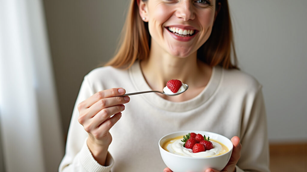 Mulher consumindo alimentos ricos em cálcio para fortalecer os ossos na menopausa.