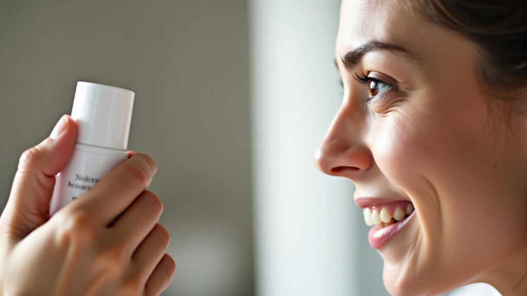 Close-up of a woman's face, looking relieved, holding a nasal spray. Soft, natural lighting, focus Mulher aliviada usando spray nasal.