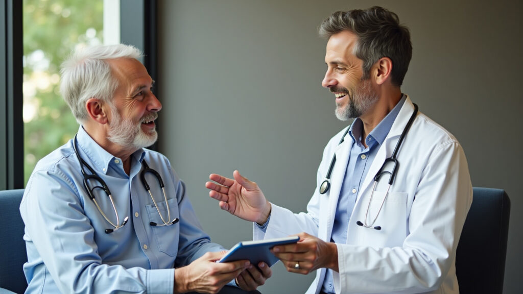 Médico explicando terapias hormonais de nova geração para câncer de próstata.