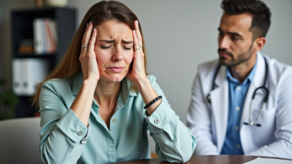 Mulher preocupada consultando médico sobre menopausa precoce.