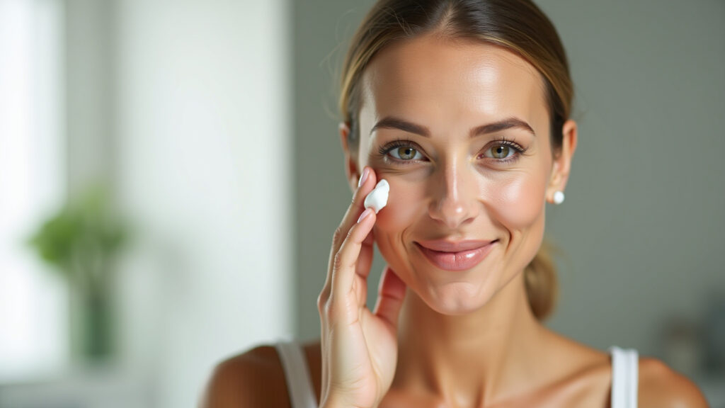 Elegant woman applying anti-aging cream, bright bathroom, natural light, focus on skincare routine, Mulher aplicando creme anti-idade no rosto, rotina de skincare.