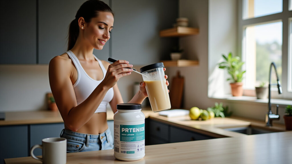 Mulher preparando shake de creatina na cozinha.