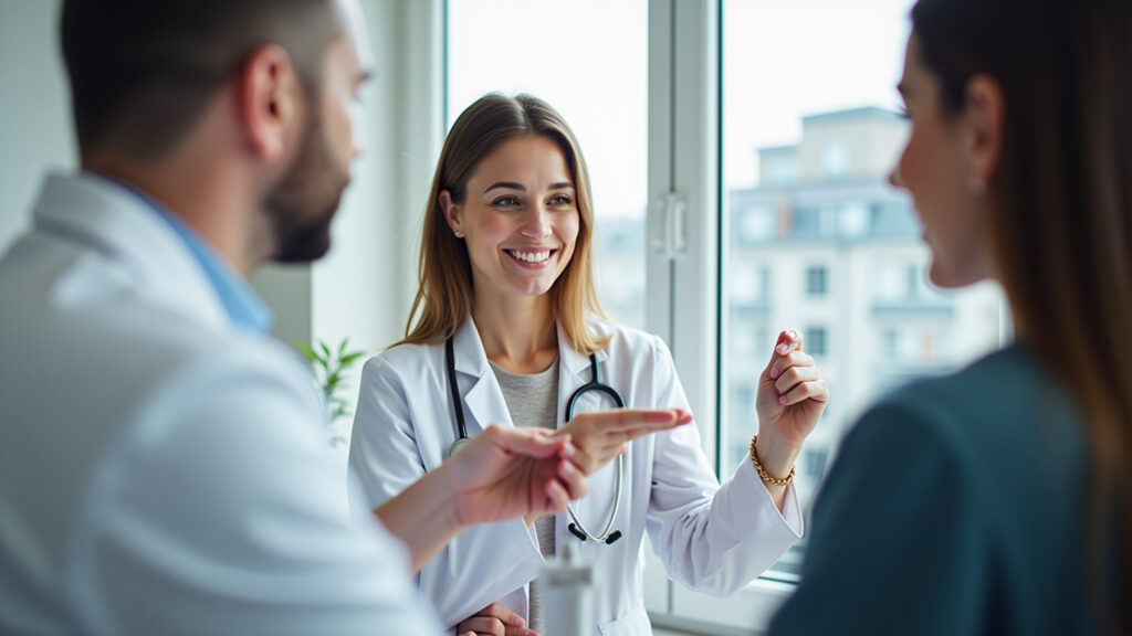 Médico explicando opções de terapia hormonal para menopausa.
