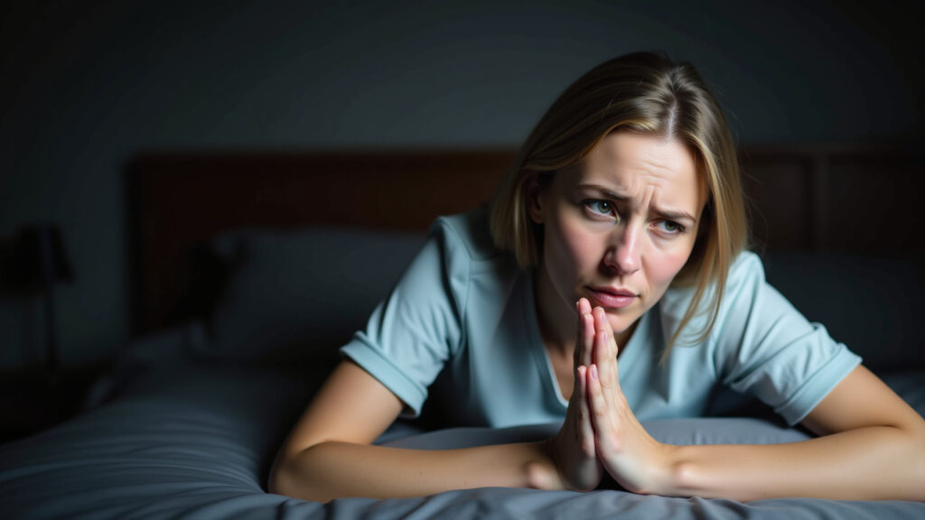 Mulher com insônia durante a menopausa, buscando soluções para dormir melhor.