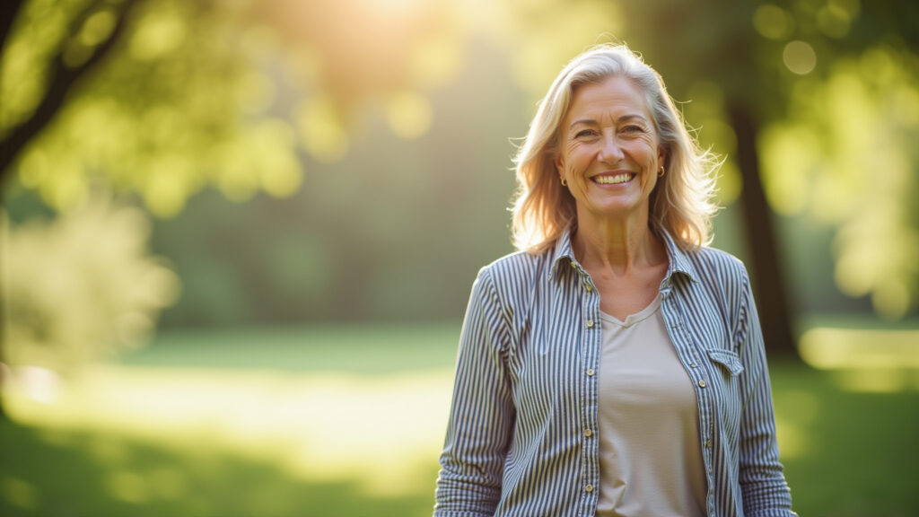 Mulher madura sorrindo, irradiando saúde e bem-estar durante a menopausa.