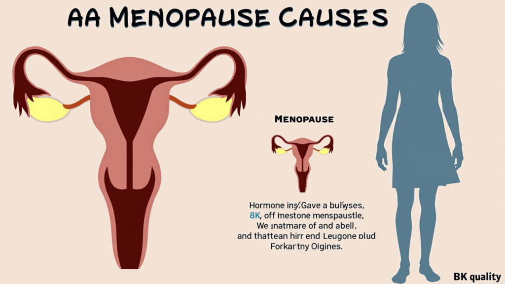 Ilustração didática das causas da menopausa e do desequilíbrio hormonal.