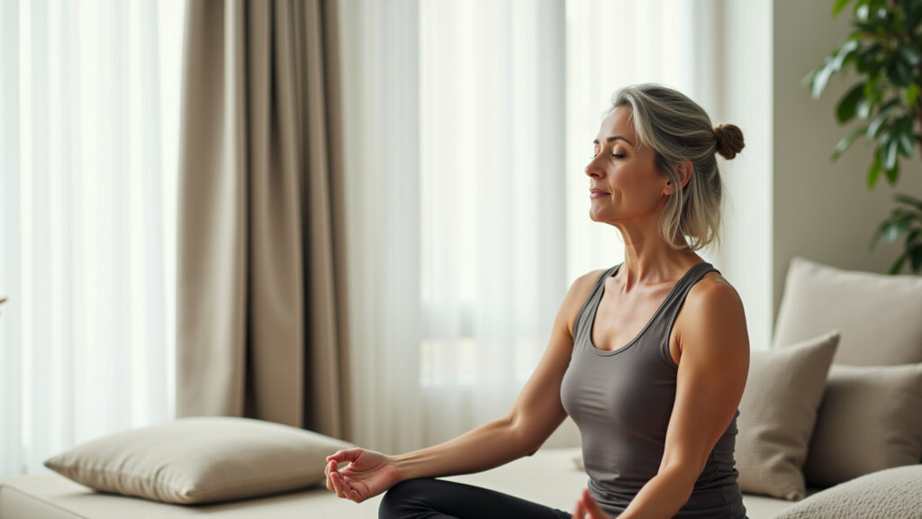 Mulher praticando yoga para aliviar os sintomas da menopausa.