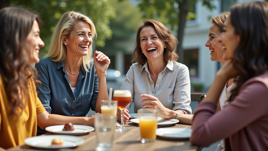 Middle-aged woman laughing with friends, outdoor cafe, sunny day, happy atmosphere, lifestyle Mulher rindo com amigos em um café, celebrando a alegria e o bom humor.