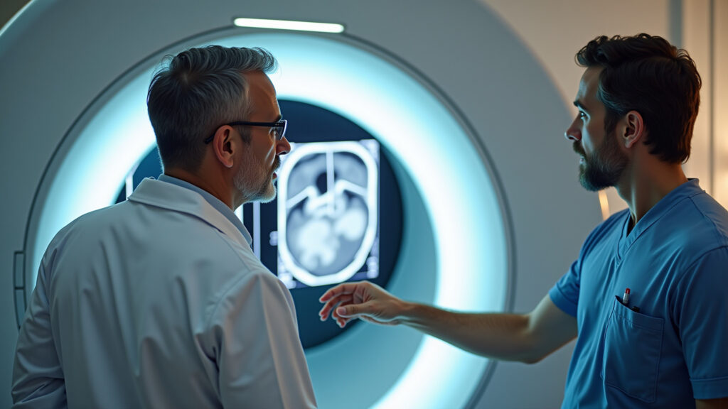 Médico explicando exame de ressonância magnética multiparamétrica.