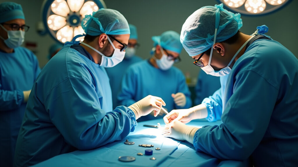 Equipe cirúrgica realizando prostatectomia radical robótica.