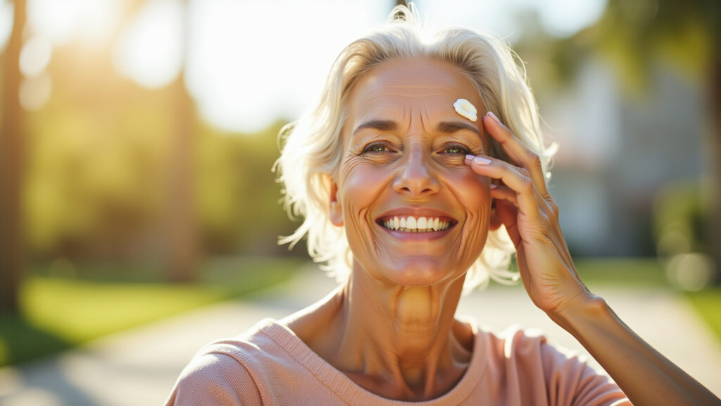 Senior woman applying sunscreen, bright sunny day, outdoor setting, focus on skincare protection, Mulher idosa aplicando protetor solar, protegendo a pele do envelhecimento.