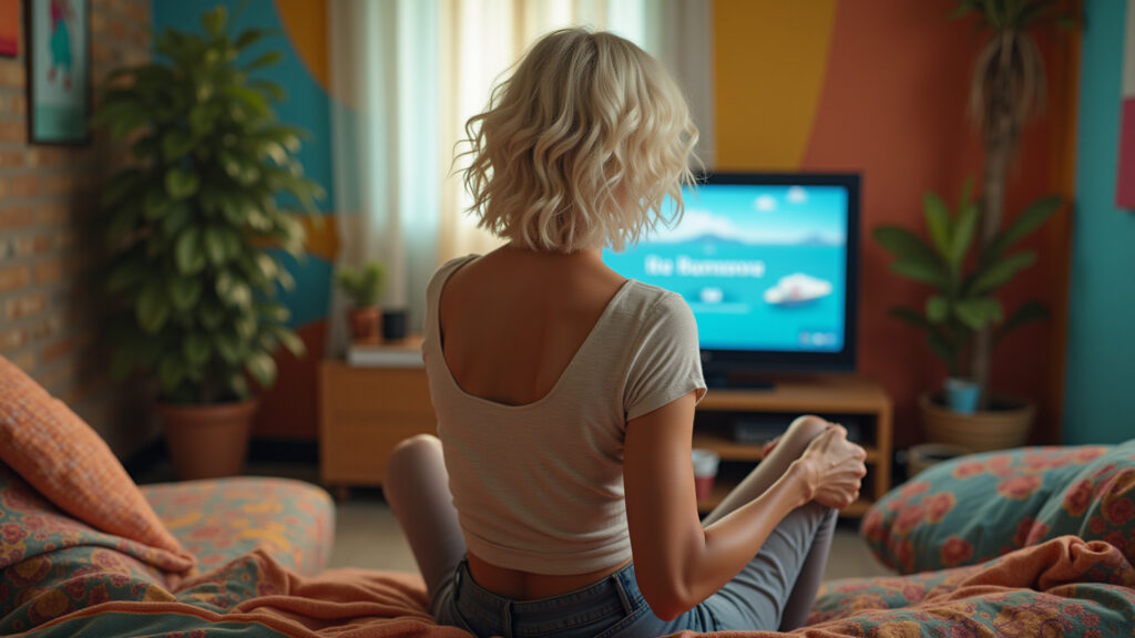 Idosa aumentando volume da TV, possível perda auditiva.