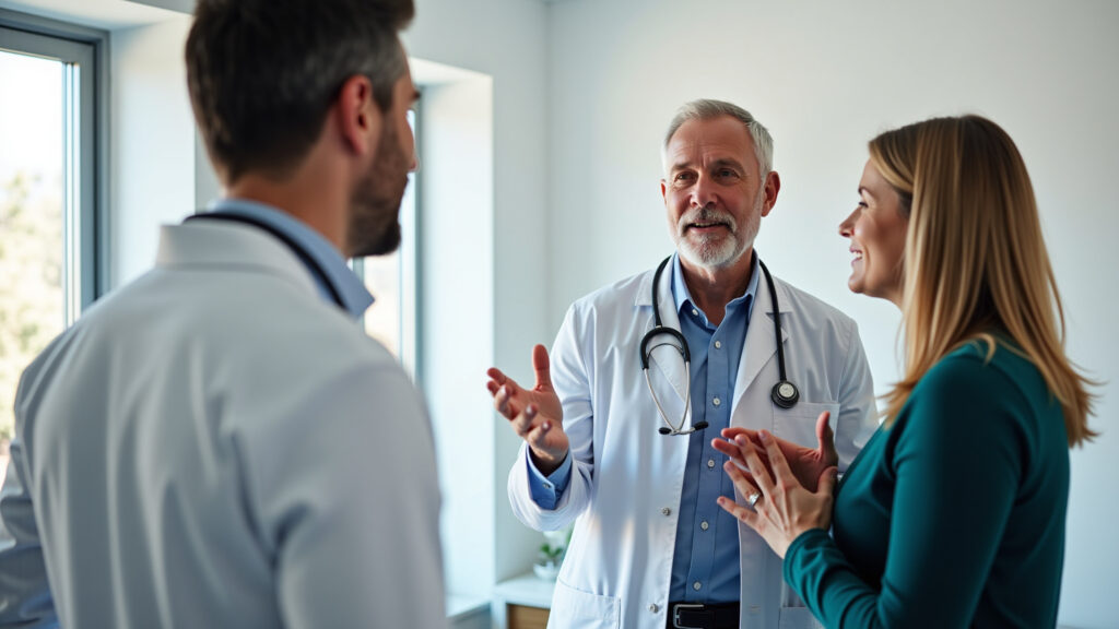 Cirurgião explicando os benefícios da prostatectomia robótica.