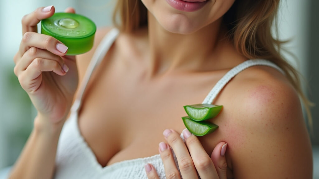 Aplicação de gel de aloe vera em pele queimada de sol.