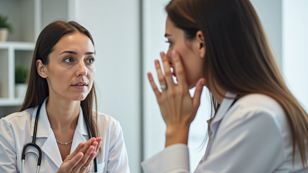 Woman consulting dermatologist, clinic setting, professional environment, focus on facial analysis, Mulher consultando dermatologista para tratamento de rugas de expressão.