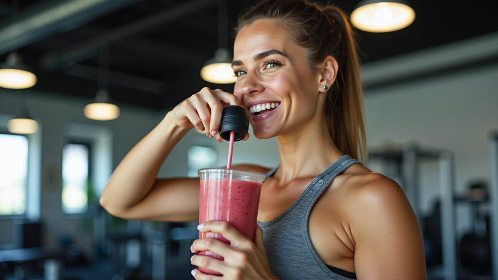 Mulher bebendo shake de creatina pós-treino.