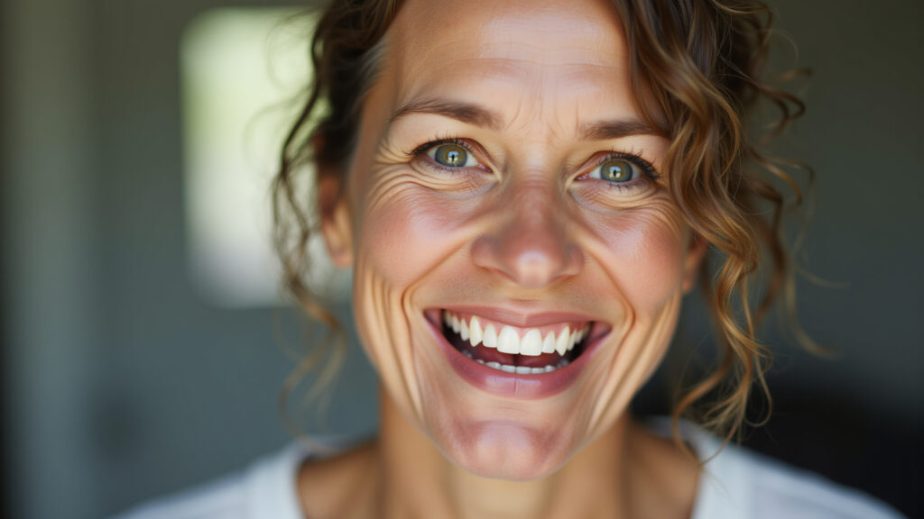 Woman in her 40s laughing, close-up on face, natural lighting, minimal wrinkles, healthy skin, Mulher sorrindo com rugas de expressão, demonstrando a beleza natural do envelhecimento.