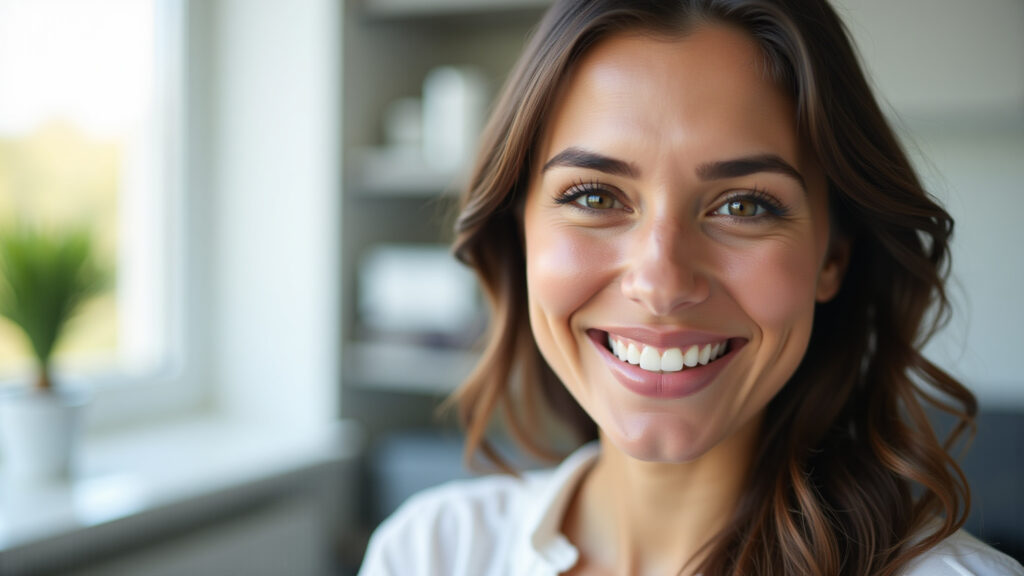 Woman smiling, wearing clear aligners, modern dental office, natural light, professional Mulher sorrindo usando alinhadores transparentes.