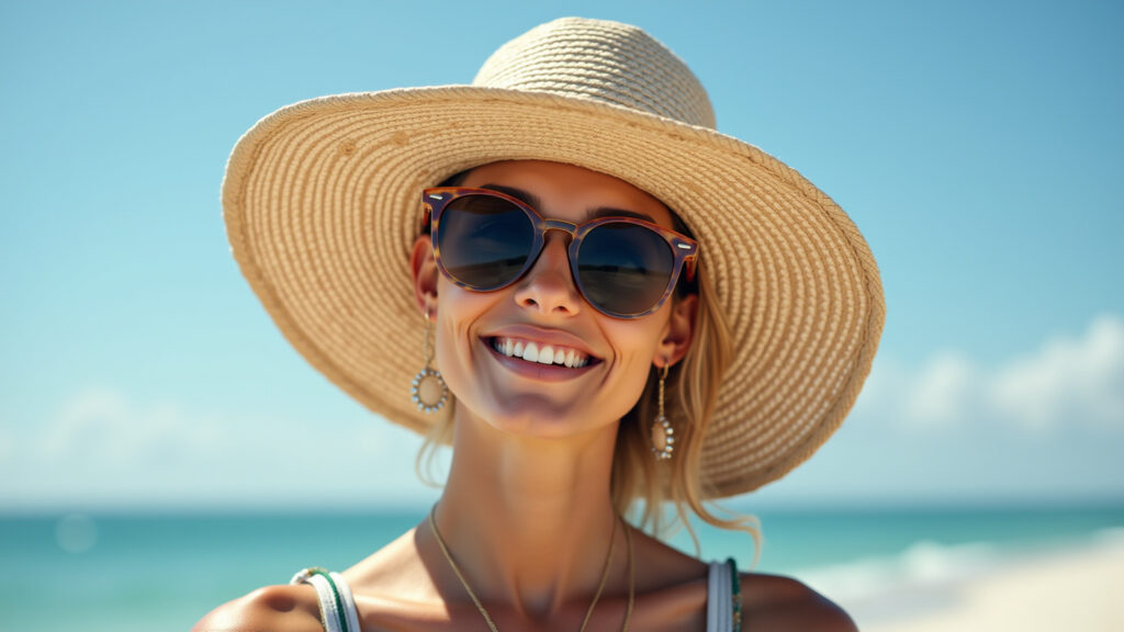 Mulher usando chapéu de aba larga e óculos de sol na praia.