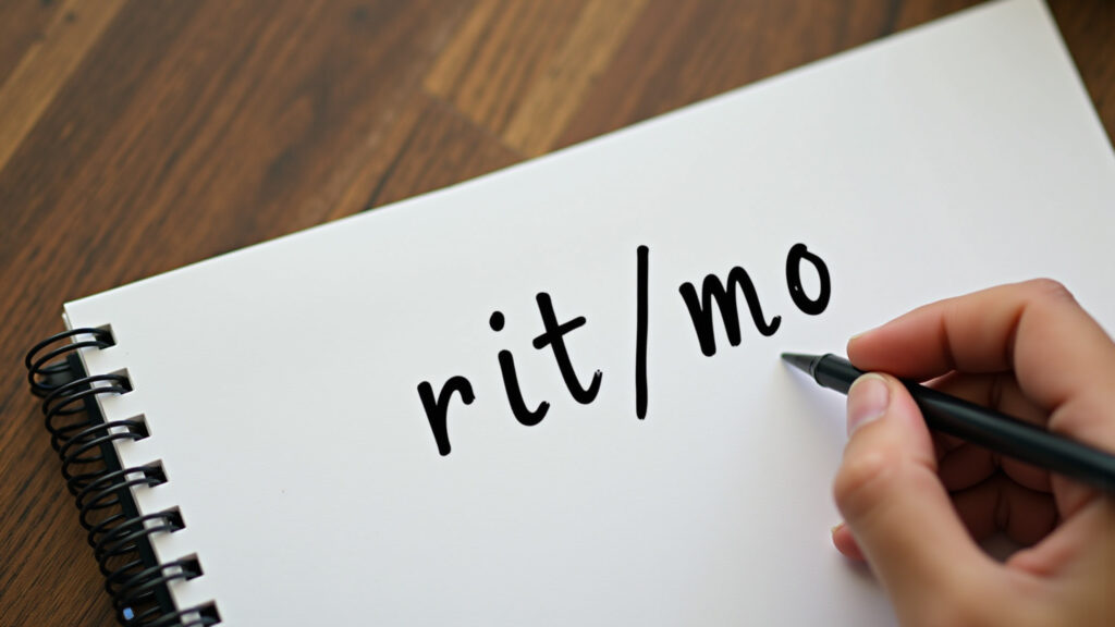 Mão separando as sílabas da palavra 'ritmo' em um bloco de notas.