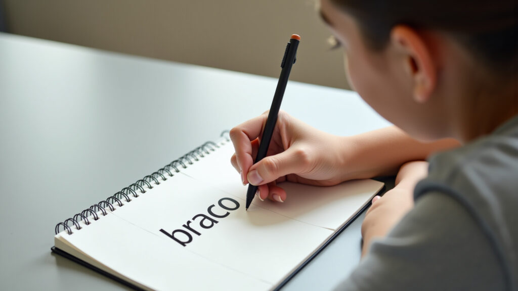 Estudante escrevendo a palavra 'braço' em um caderno.