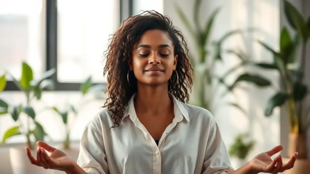 Profissional brasileiro meditando em ambiente de trabalho calmo