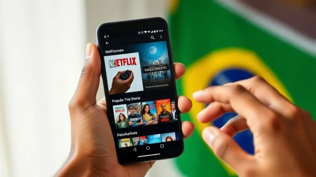 Netflix no celular: interface do app mostrando filmes e séries populares no Brasil.