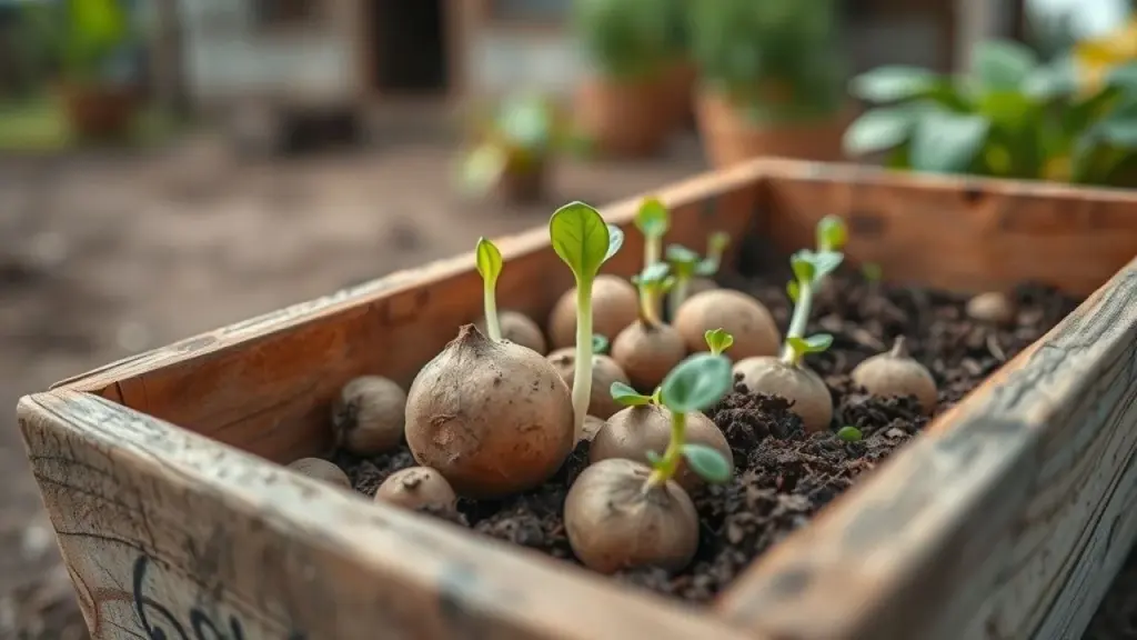 Batata semente brotando, pronta para o plantio em uma fazenda brasileira.