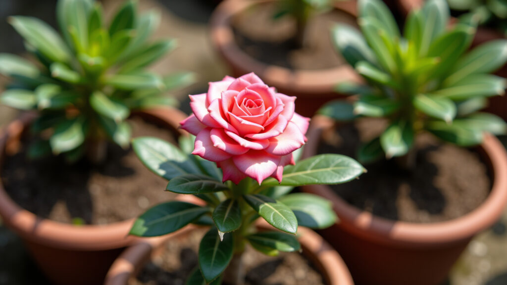 Rosas do Deserto em vasos e jardins ensolarados.