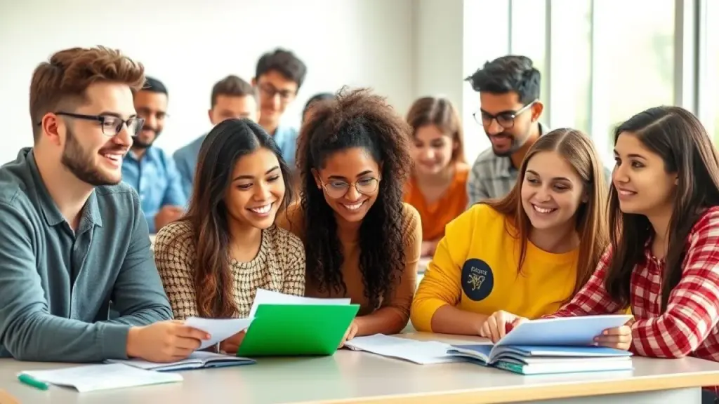 Diverse group of Brazilian students studying Portuguese grammar together in a bright classroom, Estudantes brasileiros estudando gramática portuguesa juntos em sala de aula.