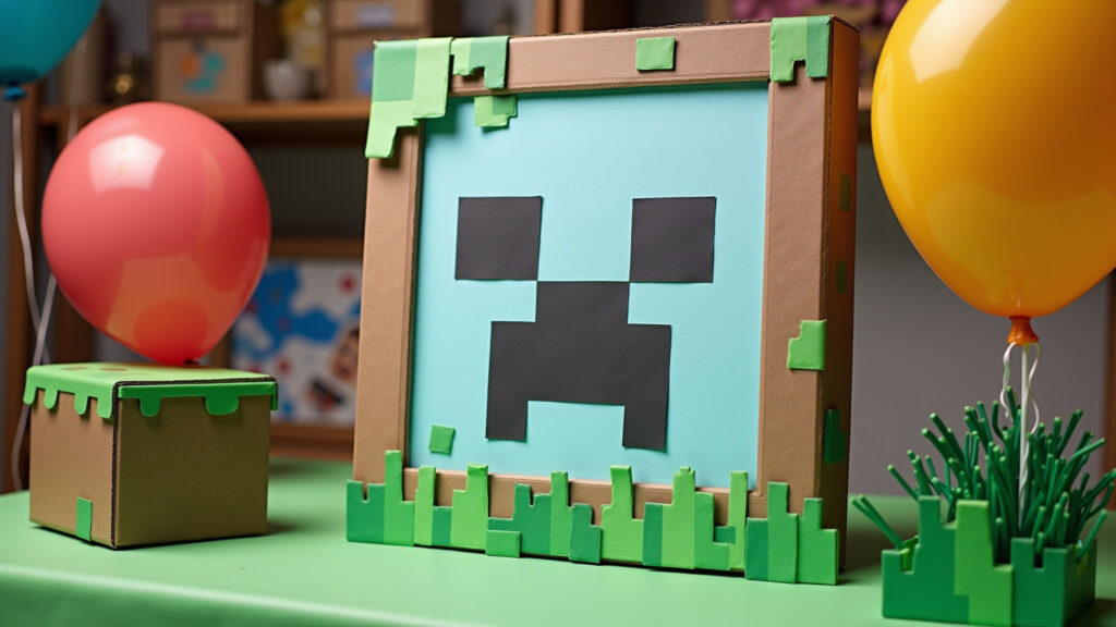 DIY Minecraft party decor, recycled cardboard, pixel art, balloons, crafting, bright colors, Decoração Minecraft DIY com materiais reciclados e balões.