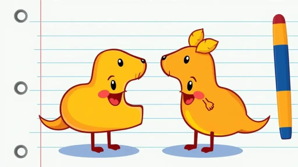 Illustration of two vowels separating like puzzle pieces, representing a hiato, cartoon style, Ilustração de duas vogais se separando como peças de quebra-cabeça, representando um hiato.