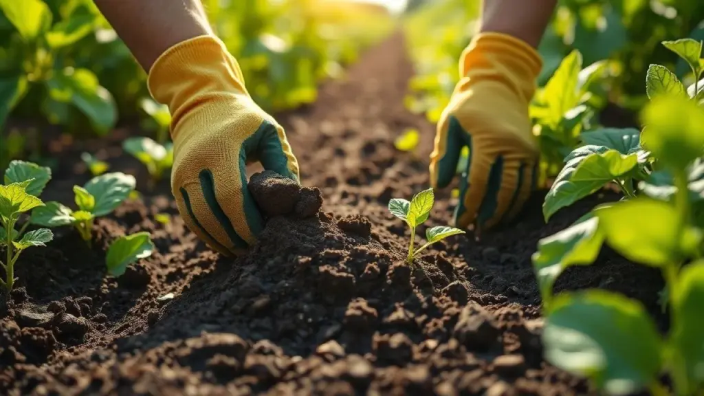 Preparando solo rico em matéria orgânica para plantio de batata inglesa em horta brasileira.