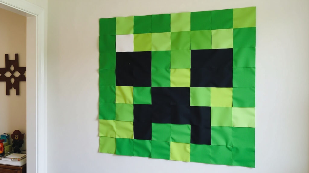 Minecraft Creeper decoration, large print, wall decoration, felt doll, party decoration, Decoração de Creeper do Minecraft para festa.