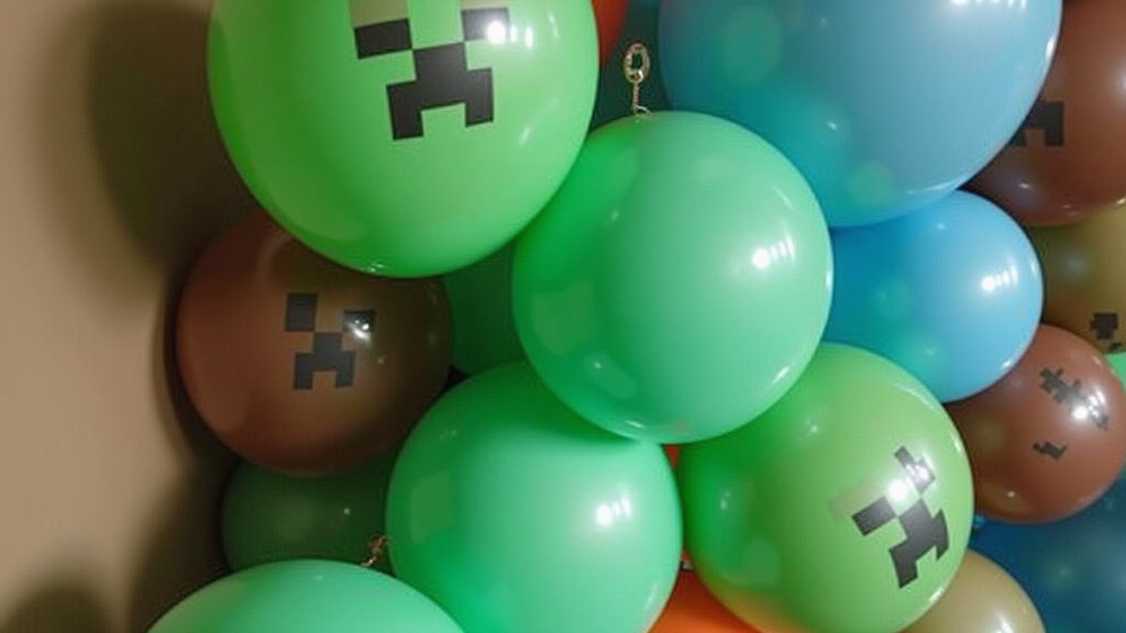 Minecraft party balloons, green, brown, blue balloons, pixelated designs, party decorations, Decoração de festa Minecraft com balões verdes, marrons e azuis.