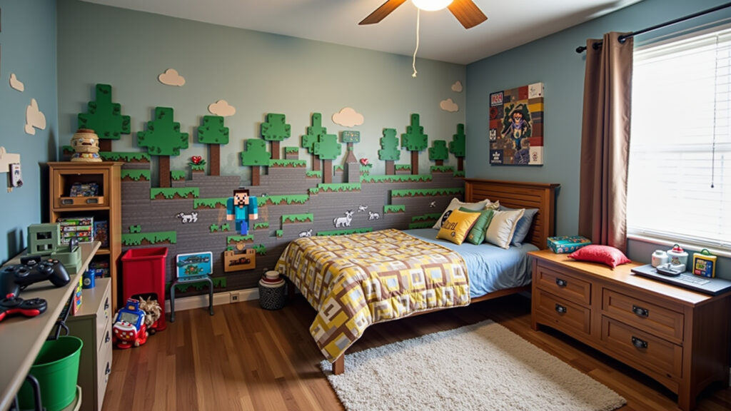 Minecraft themed bedroom, wall decals, themed bedding, organized toys, cozy space, gamer room, Quarto decorado com tema Minecraft, adesivos de parede e roupas de cama temáticas.