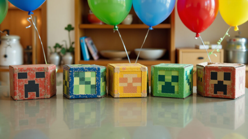Minecraft themed party, cardboard blocks, balloons, pixelated decorations, vibrant colors, party Decoração de festa Minecraft com blocos de papelão e balões coloridos.