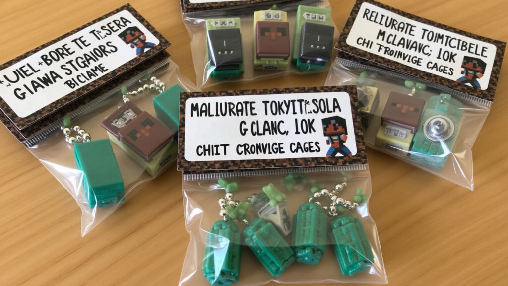Minecraft themed party favors, character miniatures, block keychains, surprise bags, themed items, Lembrancinhas temáticas de Minecraft para festa.