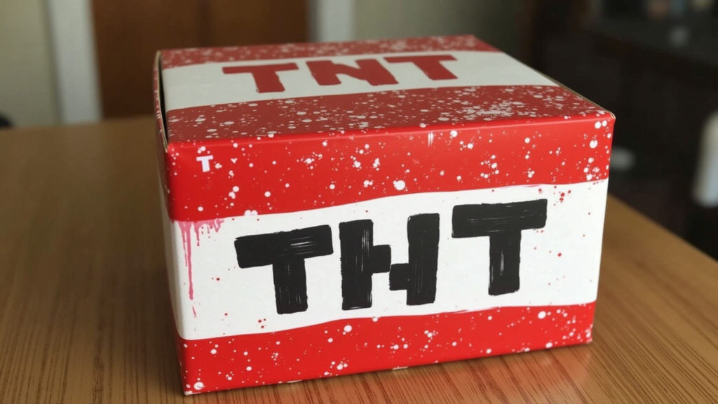 Minecraft TNT replica, cardboard box, red and white paint, party decoration, safe explosion effect, Réplica de TNT do Minecraft feita de papelão.