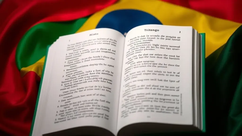 Open Portuguese grammar book with highlighted hiato, ditongo, and tritongo examples, professional Livro de gramática portuguesa aberto com exemplos de hiato, ditongo e tritongo destacados.