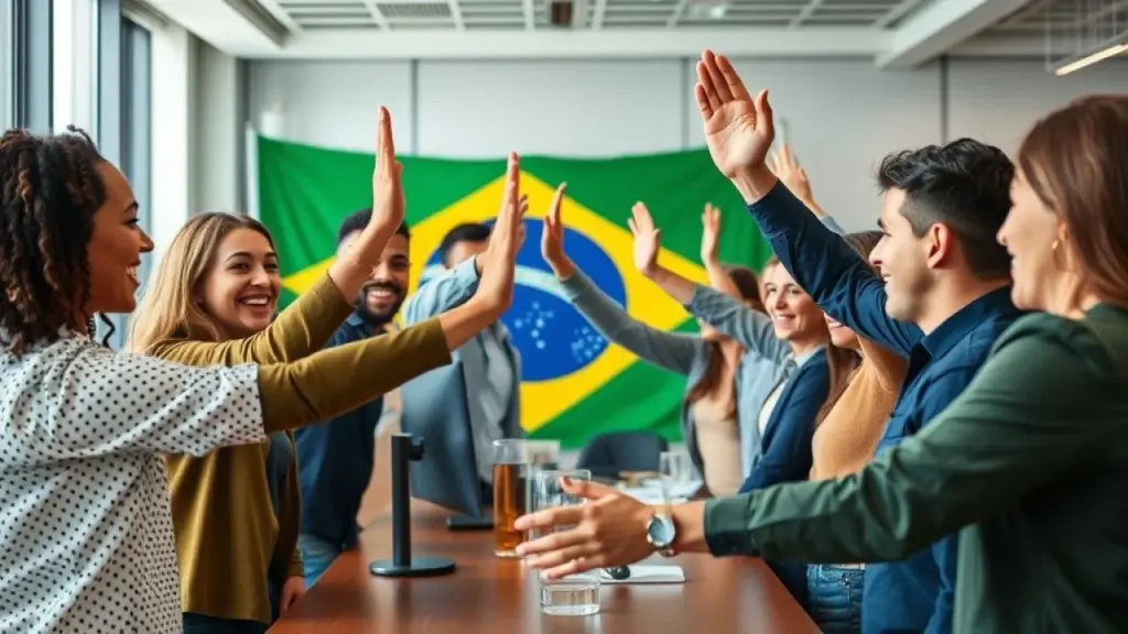 Equipe brasileira diversa celebrando sucesso em projeto