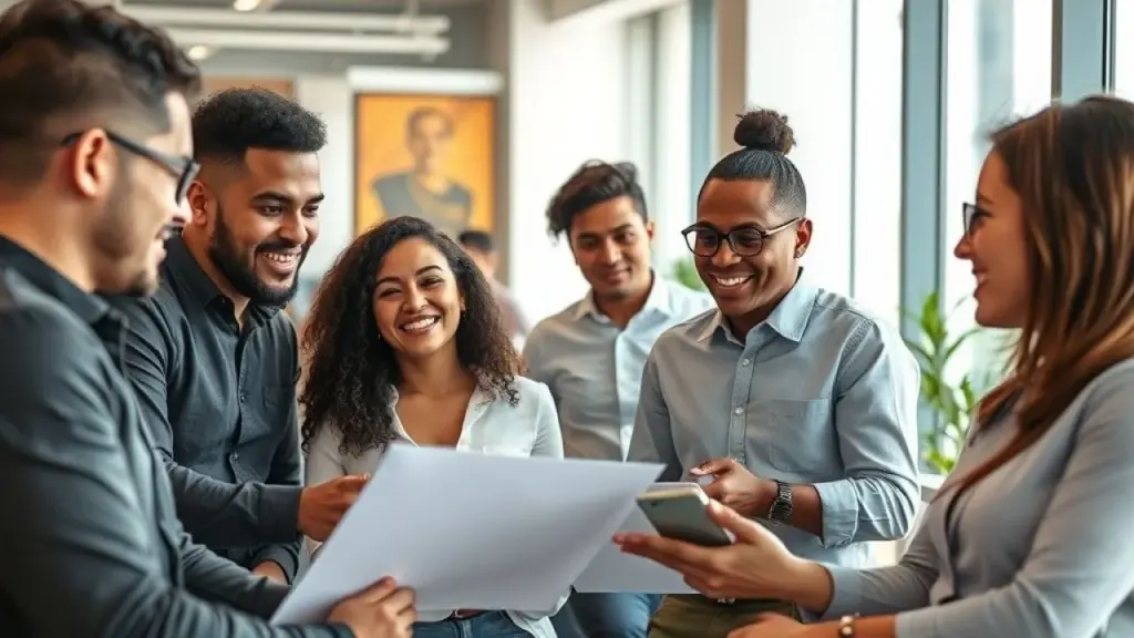 Grupo de empreendedores brasileiros discutindo estratégias de negócios