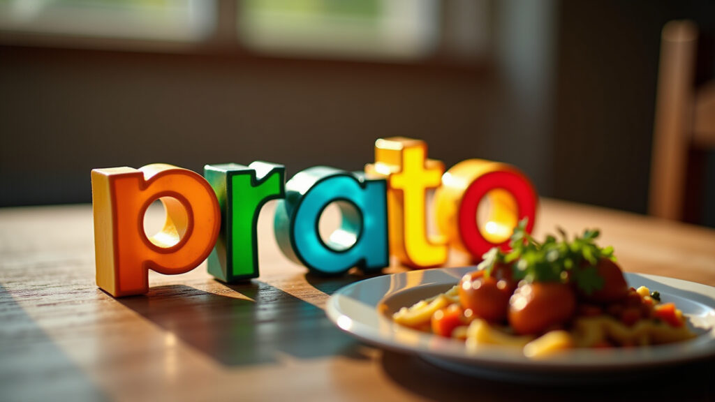 Palavra 'prato' com 'pr' destacado, ao lado de um prato brasileiro.