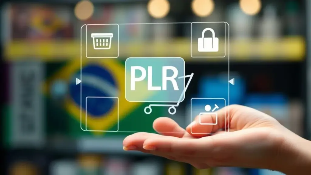 A hand selecting a PLR product from a digital marketplace interface, with icons representing Escolha PLR: Relevância, qualidade, personalização.