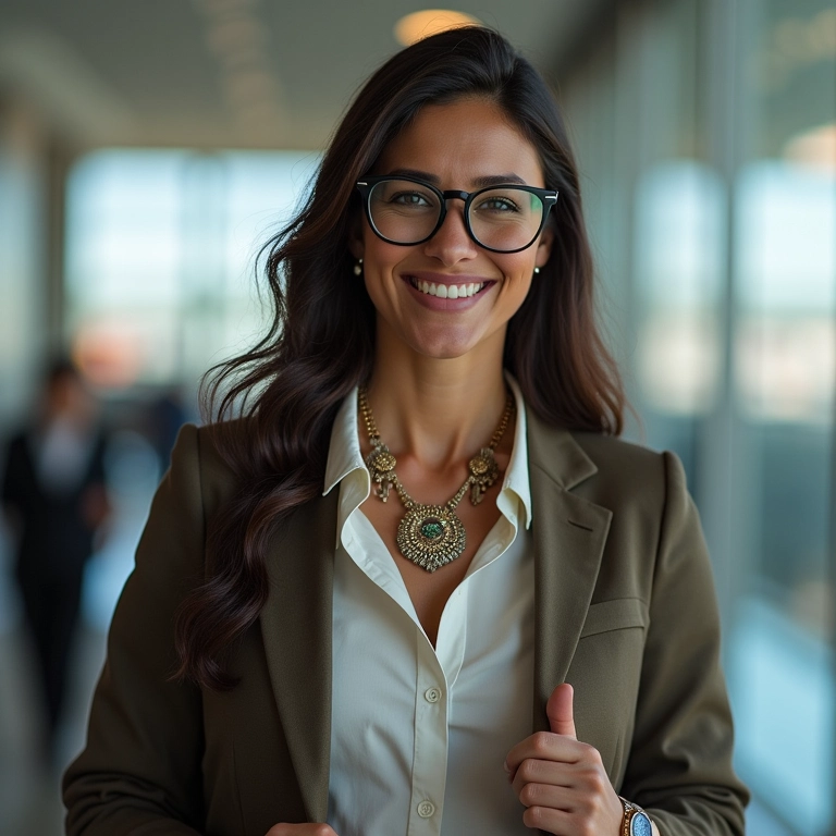 Acessórios que fazem a diferença no look da consultora de viagens: colar elegante, relógio e bolsa prática.