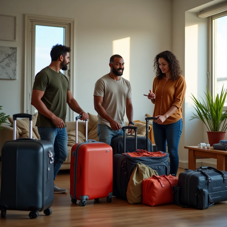 Adultos brasileiros diversos organizando malas com itens essenciais para viagem em família.