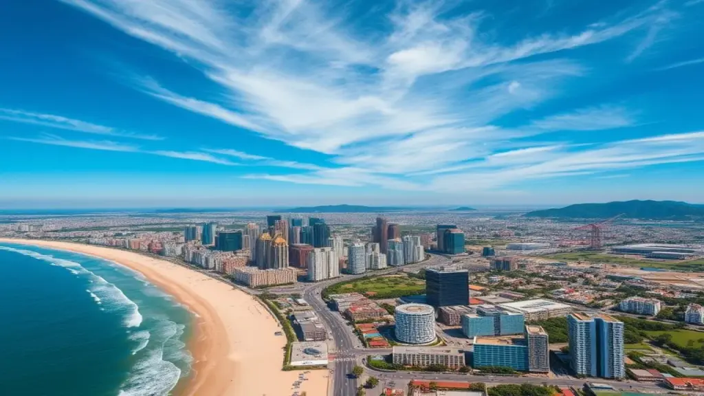 Vista aérea da praia e cidade de Balneário Camboriú com infraestrutura moderna.