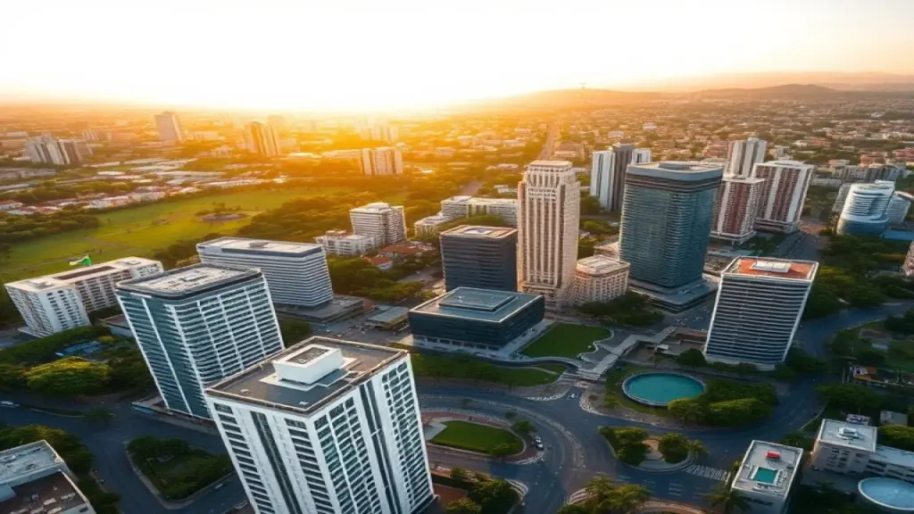Vista aérea de Goiânia ao entardecer, com edifícios modernos e áreas verdes.