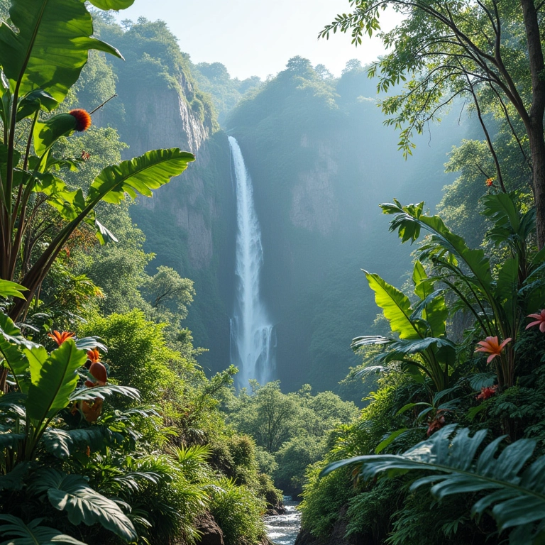 Biodiversidade exuberante em montanhas brasileiras, cachoeira ao fundo.