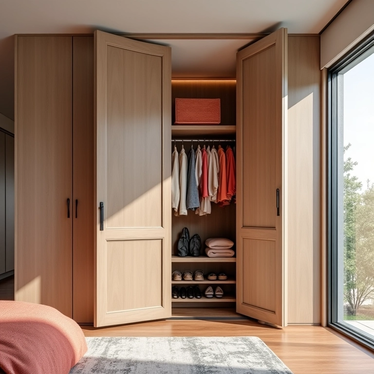 Biombo criando um closet aberto em um quarto com estilo vibrante e iluminação natural.
